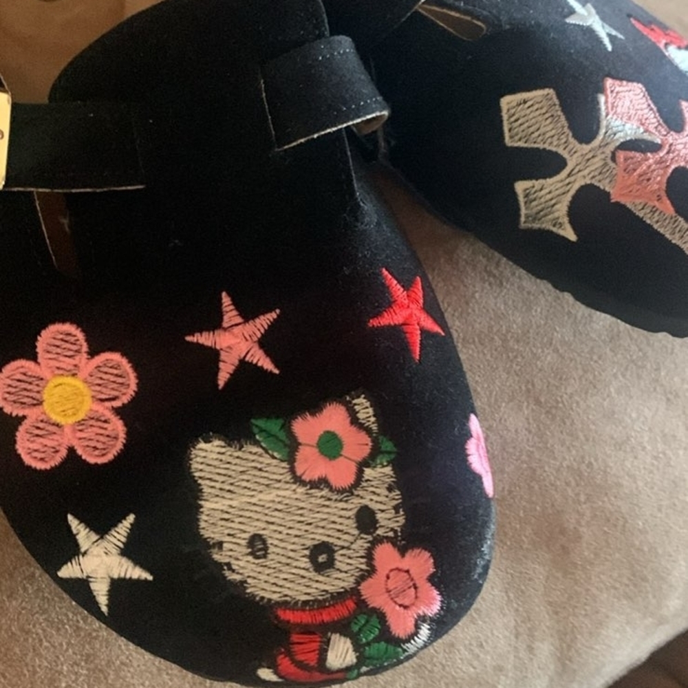 Hello Kitty Black Kids Mary Janes with Pink & Red Floral Embroidery